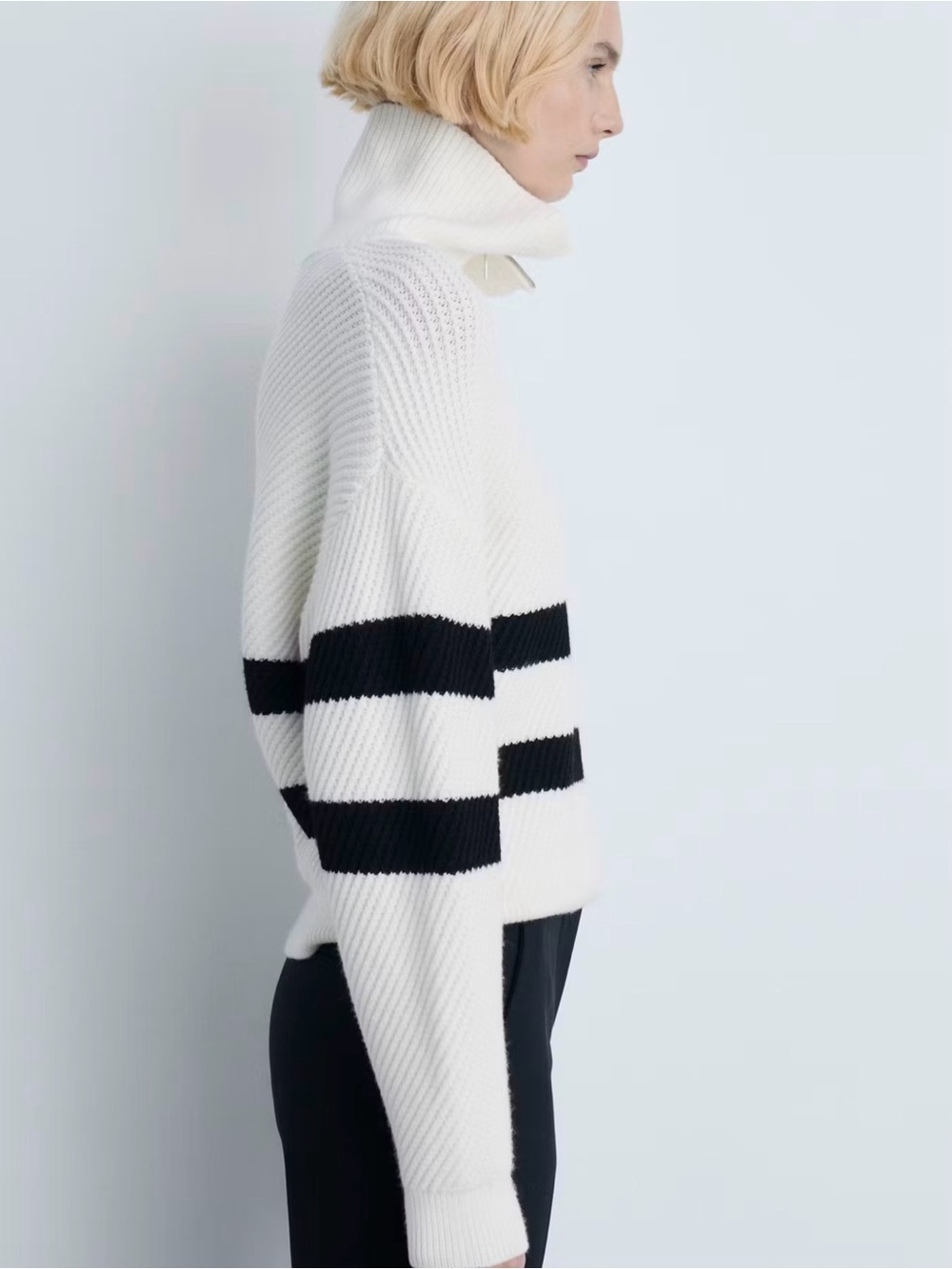 Mango White Quarter Zip Crewneck Sweater with Black Stripes - Picture 5 of 16